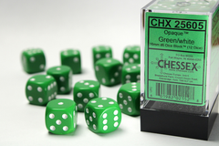 Набір кубиків Chessex Opaque 16mm d6 with pips Dice Blocks (12 Dice) - Green w/white