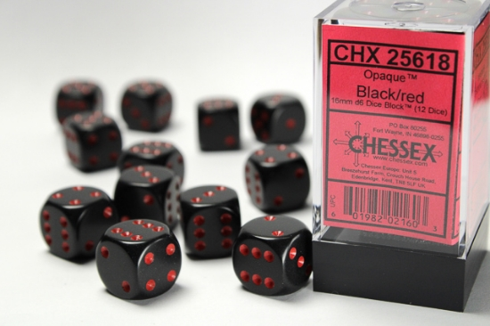 Набір Кубиків Chessex Opaque 16mm d6 with pips Dice Blocks (12 Dice) Black w/red