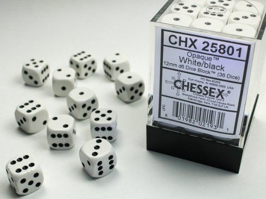 Набір кубиків Chessex Opaque 12mm d6 with pips Dice Blocks (36 Dice) - White w/black