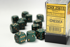 Набір кубиків Chessex Opaque 16mm d6 with pips Dice Blocks (12 Dice) - Dusty Green w/copper