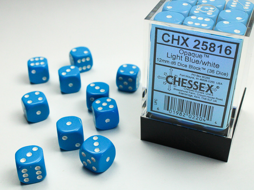 Набір Кубиків Chessex Opaque 12mm d6 with pips Dice Blocks Light Blue w/white (36 Dice)